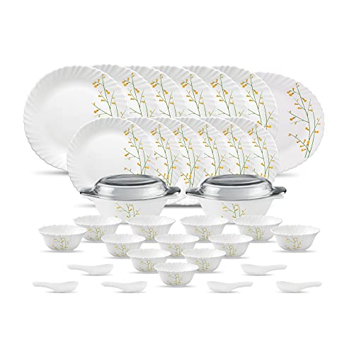 La Opala Diva Classique Collection Opal Glass Crockery | For Family Of 6 | Dinner Set 35 Pcs Citron Weave | Plates & Bowls For Dining | Microwave Safe | 100% Vegetarian | Extra Strong | White