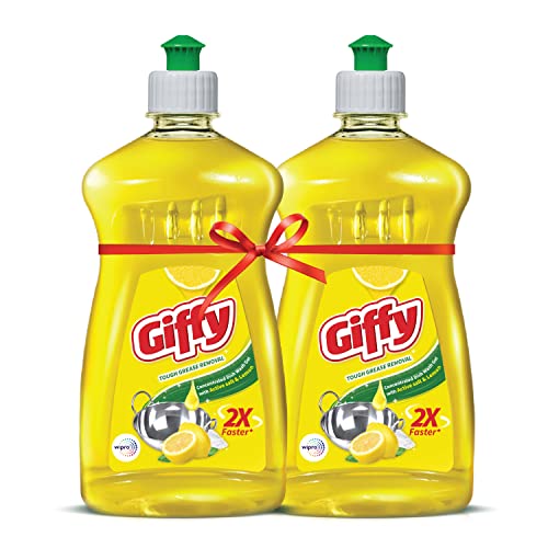 Giffy Liquid Dish Wash Gel With Active Salt & Lemon| 2X Faster Tough Grease Removal & Natural Fragrance| Removes Odour| Easy Lather & Rinse Off| Leaves No White Residues| Hand-Safe| 500Ml (Pack Of 2)
