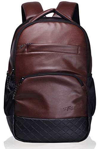 F Gear Luxur 25L Medium Laptop Backpack Fits Upto 16″ Laptop Faux Artificial Leather Water Resistant Lightweight, Gifts For Men Women Boys Girls Adults, College/School/Office/Travel Bag (Brown)