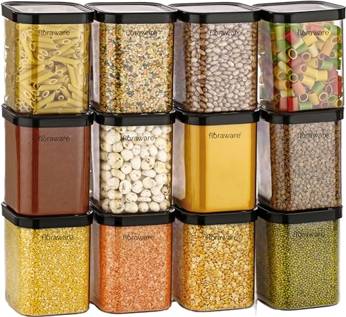 Floraware Food Safe Plastic Multiuse Square Fit-Lock Airtight Storage Jar, Grocery Container, Bpa Free, 1150 Ml (Black, 2)