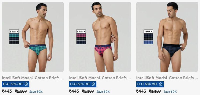 XYXX LOOT🔥🔥✅Flat 50-60% Off On Premium Innerwears Suggestion: 👉 Pack Of 3 Trunks from Rs.418 : 👉 Pack Of 3 Briefs from Rs.443 : 💰Bonus Offer : Pay Using CRED Pay For Additional Discount