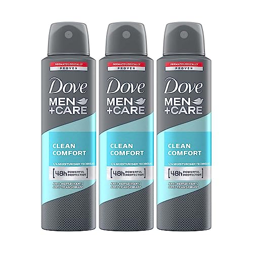 Dove Men+Care Clean Comfort Dry Spray Antiperspirant Deodorant, Up To 48 Hrs Protection From Sweat & Odour, Instantly Dry For Cleaner Feel, Dermatologically Proven Formula, Soothes & Moisturises Skin, Clean, Crisp Scent, 150 Ml (Pack Of 3)