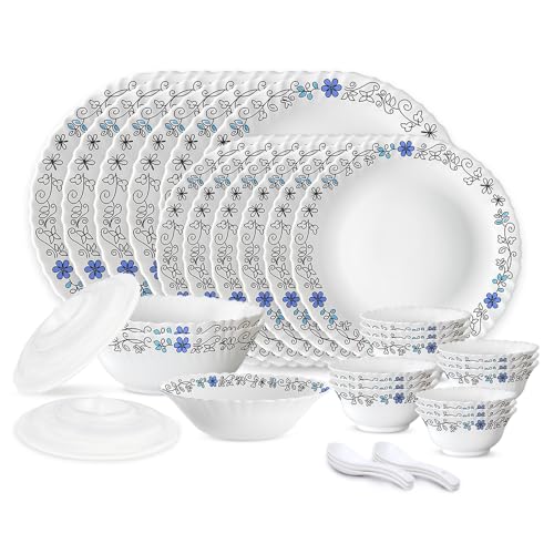 Larah By Borosil Silk Series Blue Iris Opalware Dinner Set | 35 Pieces For Family Of 6 | Microwave & Dishwasher Safe | Bone-Ash Free | Crockery Set For Dining & Gifting | Plates & Bowls | White