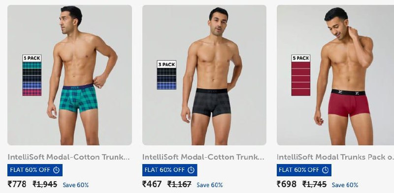 Grab: XYXX Independence SALE is LIVE [Upto 60% off] 🔥🔥👉 Briefs : 👉 Trunks : Suggestions: • Pack Of 5 Trunks @ ₹698 [Per piece ₹139/-]Link: • Pack of 5 IntelliSoft Briefs  @ 738 [Per piece ₹147/-]Link: • Pack 5 Trunks @ ₹778 (Per piece ₹155/-]Link: 💰Bonus Offer : Pay Using CRED Pay For Additional Discount