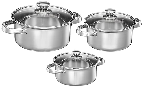 Amazon Brand – Solimo Set Of 3 Stainless Steel Casseroles | Glass Lid | Flat Bottom | Dishwasher-Safe | 16 Cm, 18 Cm, 20 Cm, 2.3 Liter, 3 Liter, 1.7 Liter