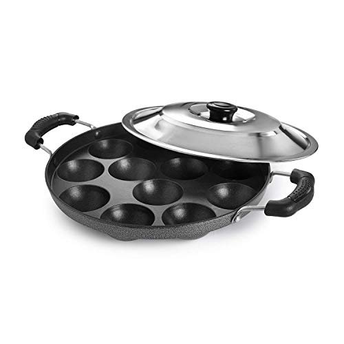 Cello Non-Stick 12 Cavity Appam Patra Kan With Stainless Steel Lid | 2 Side Handle | Appam Maker | Appam Patra | Appam Pan | Litti Maker | Appe Stand | Dishwasher Safe