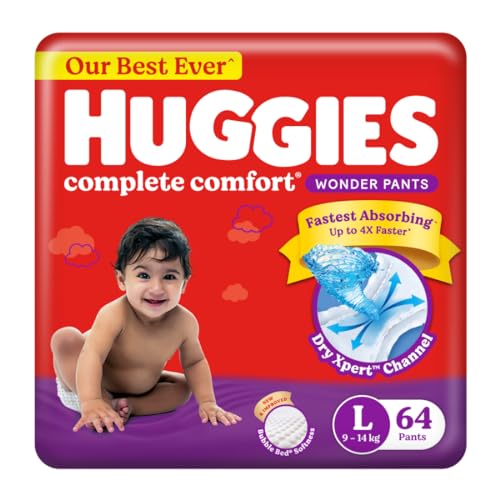 Huggies Complete Comfort Wonder Pants | Pant Style Baby Diapers L Size, 64 Count | India’S Fastest Absorbing Diaper, Patented Dry Xpert Channel, Ideal For 9 To 14 Kgs