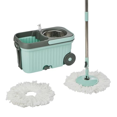 Amazon Brand – Presto! Elite Spin Mop With Steel Wringer And Auto-Fold Handle, Green, 2 Refills