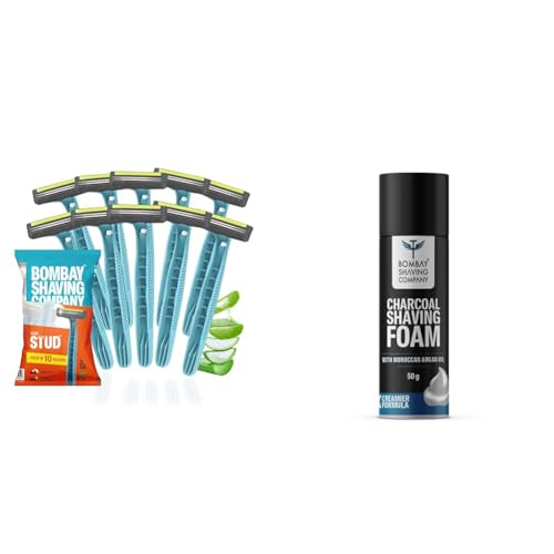 Bombay Shaving Company Flexi Smooth Stud Razor – 5 Pcs X 2 + Bombay Shaving Company Charcoal Shaving Foam, 50 Gm With Activated Charcoal & Moroccan Argan Oil