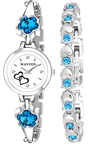 Wanton Fascinating Diamond Studded On Strap Watch For Party-Wedding For Girls With Diamond Studded Bracelet-(Po2).(P_C_B_9094) (Silver)