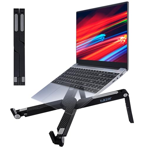 Tukzer Foldable Laptop Stand Riser For Laptop, Macbook, Notebook & Tablets Up To 15.6 Inch| Portable- 2 Level Height Adjustable, Ventilation For Cooling, Lightweight Durable Abs Plastic (Black)