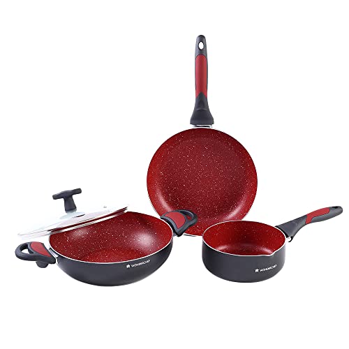 Wonderchef Burlington Aluminum Non-Stick Cookware 5 Pc Set | Kadhai With Glass Lid 1.15L, Sauce Pan With Lid 2.6L, Fry Pan 1.7L | Induction Bottom | Pure Grade Aluminium | 2 Year Warranty | Red/Black