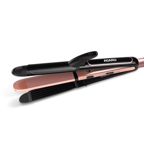 Agaro Hs1119 3-In1 Hair Styler, Straightner, Crimper, Curler For Women, Variable Style Settings, Keratin Infused Ceramic Coated Plate, Colour Black & Rose Gold