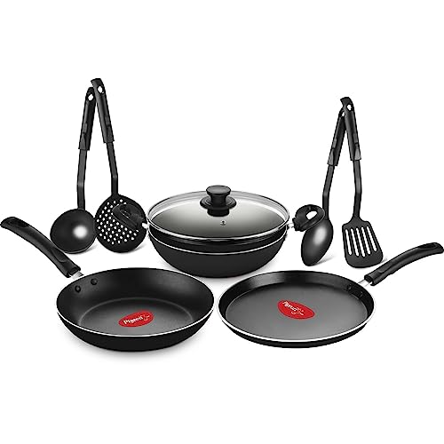 Pigeon Mio Nonstick Aluminium Cookware Gift Set, Includes Nonstick Flat Tawa, Nonstick Fry Pan, Kitchen Tool Set, Nonstick Kadai With Glass Lid, 8 Pieces Kitchen Set (Black)