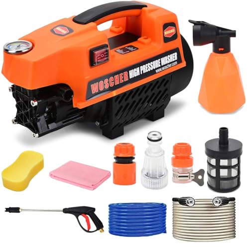 Woscher 878 Waterpro Washer High Pressure Washer Pump Machine,1800 Watts, 150 Bars, 8L/ Min Water Flow Rate,8 Metres Outlet Hose, Portable, For Car, Bike And Home Cleaning Purpose, Black & Orange