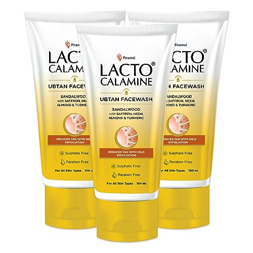 Lacto Calamine Ubtan Face Wash For Glowing Skin | Natural Face Wash With Sandalwood, Saffron, Neem, Almond & Turmeric |Exfoliating Facewash Reduces Tan | Sulphate, Paraben Free | 100 Ml Pack Of 3