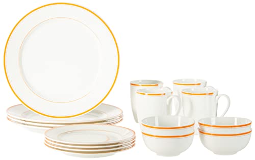 Amazon Brand – Solimo Solid Ceramic 16 Piece Dinner Set | 4 Dinner Plates, 4 Quarter Plates, 4 Mugs & 4 Small Bowls | Yellow Strip Design