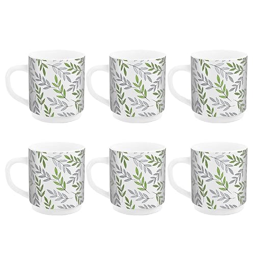 Cello Imperial Premium Roma Coffee Mug 300 Ml | Coffee/Milk Mug With Handle | Mug For Tea, Coffee, Cappuccino Or Hot And Cold Beverages | 6 Units | Green Fall, White