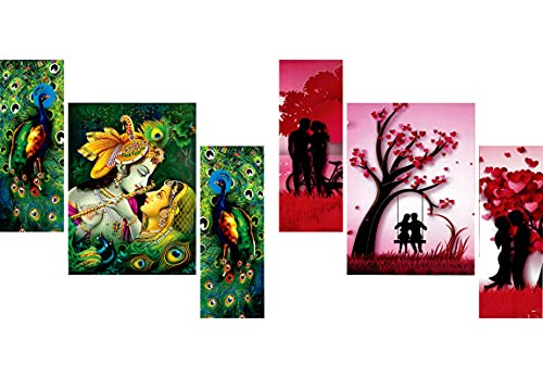 Saf Paintings Beautiful Combo – Set Of 3 Lord Radha Krishna Flute Love & Peacock Greenery Beautiful & Set Of 3 Couple Beautiful Painting (12 X 18 Inch)