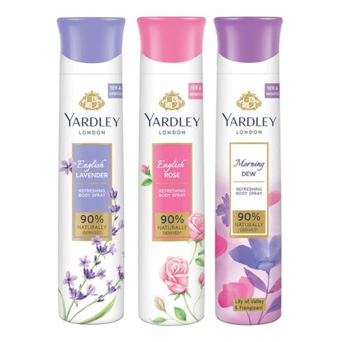 Yardley London Daily Use Deodorant Body Sprays For Women| English Lavender, English Rose, & Morning Dew Deodorant Assorted Pack| 90% Naturally Derived| 150Ml Each