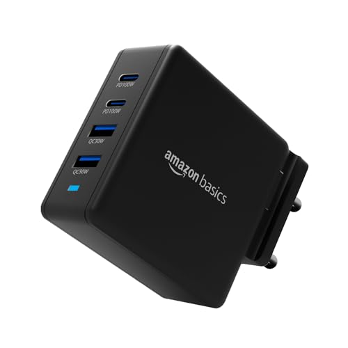 Amazon Basics 100W 4-Port Gan Charger | Pd Qc3.0 Qc4.0 Pps Fast Charging Compact Adapter With Foldable Pins, For Macbook Pro Air 16’/14’/13′, Iphone Series, Samsung S Series, Ipad Pro/Air – Black