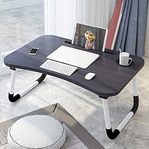 Auno Stylish Multi-Purpose Portable Laptop Table, Foldable Wooden Desk For Bed Tray, Laptop Table, Study Table With Mug Holder, Ergonomic, Non-Slip Legs In Bed Table (Black), 20 Cm, 12 Centimeters