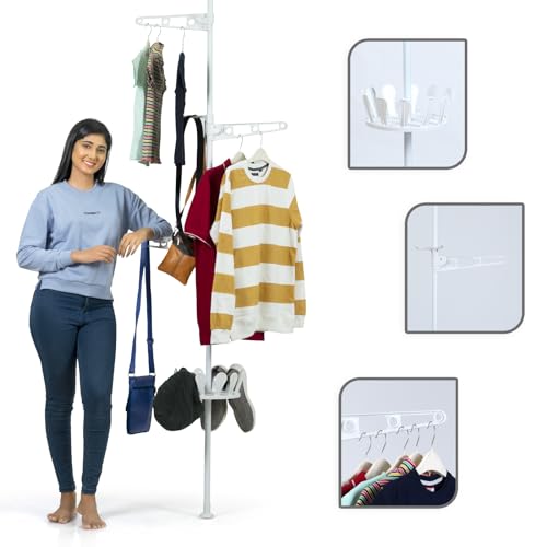 Doby Tree 3-Tier Standing Clothes Laundry Drying Rack Dress Hanger Organizer Floor To Ceiling Adjustable Metal Corner Tension Pole, White