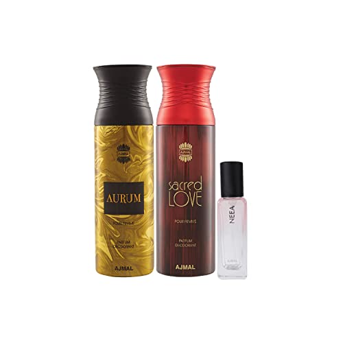 Ajmal Aurum Femme & Sacredlove Deo Each 200Ml & Neea Edp 20Ml Pack Of 3 (Total 420Ml) For Men & Women