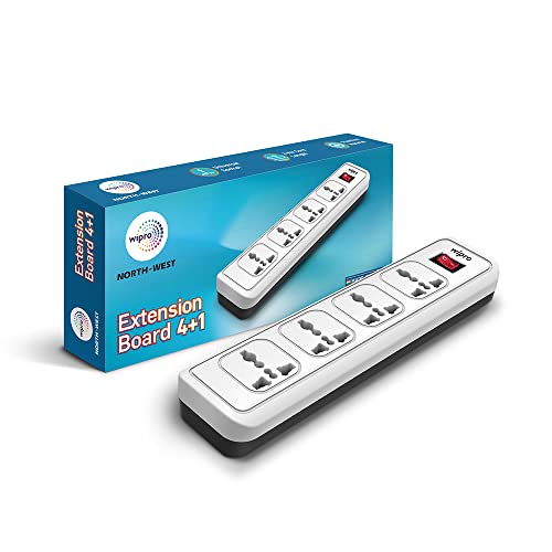 Wipro Essential 4+1 Extension Board | 4 Universal Socket With Single Switch | 2 Meter Long Cord | Child Safety | Auto Cutoff | Fire Resistant | Multiplug Socket For Home, Office | Pack Of 1 | White