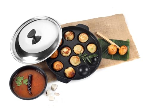 Cello Non-Stick 12 Cavity Appam Patra Kan With Stainless Steel Lid | Appam Maker | Appam Patra | Appam Pan | Litti Maker | Appe Stand | Dishwasher Safe