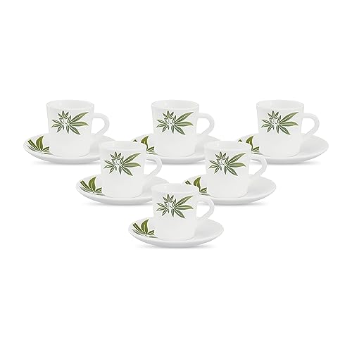 La Opala, Melody Collection, Opal Glass Cup & Saucer Set Fontana 12 Pcs, Trinty Green, White