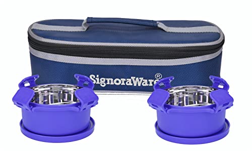 Signoraware 350Ml+350Ml Smart Microwave Safe Twin Midday Stainless Steel Lunch Box With Bag, Food Grade Bpa Free Conatiners, Air Tight And Sleek Leak-Proof Lid Tiffin Boxes (Set 2 Violet)