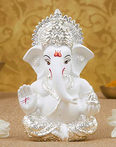 Gold Art India Silver Plated White Ganesha For Car Dashboard Home Decor Gifting Diwali Birthday Festivals 3.5 X 2 Inches