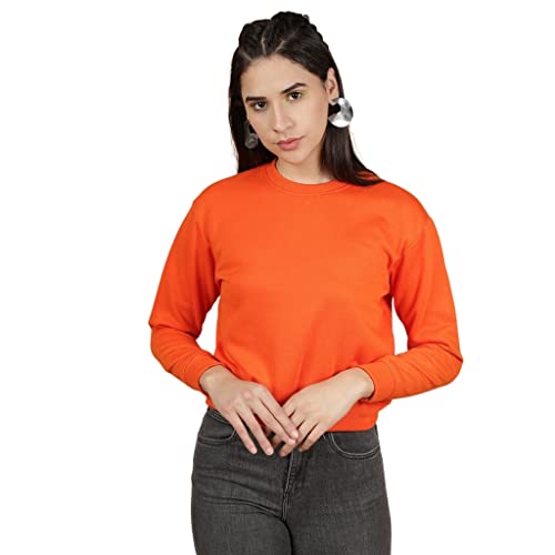 Freehand Women’S Polyester Solid Crop Long Sleeves Overhead-Crewneck Sweatshirt Orange