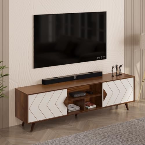 Bluewud Wilbrome Engineering Wood Floor Standing Tv Entertainment Unit Set Top Box Stand/Tv Cabinet With Shelves For Books & Décor Display Unit, Upto 75 Inches (Brown Maple & White)