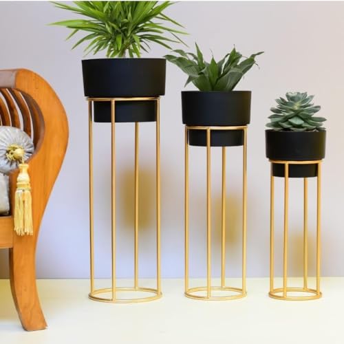 Al Kareem Modern Metal Decorative Floor Standing White And Gold Indoor/Outdoor Plant Stand With Pot For Home Decor, Living Room, Office, Bedroom, Balcony, Set Of 3, Black & Gold