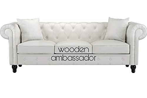 Wooden Ambassador Modern Leatheratte Hand Tufted 3 Seater Chesterfield Sofa | For Home & Living Room & Office Colour (White)