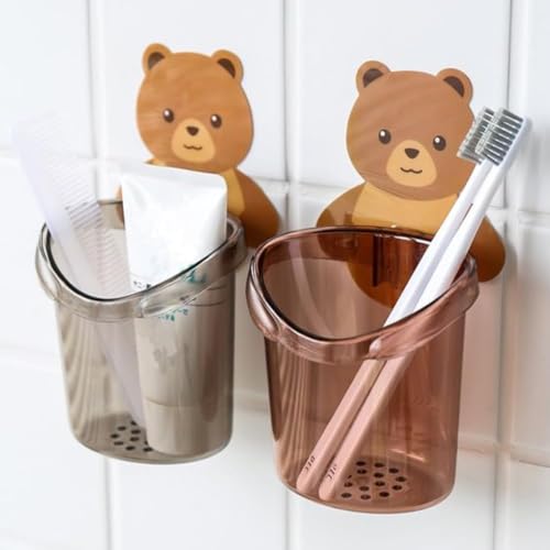 Rylan Toothbrush Holder (Set Of 2 Pcs) Plastic Stand For Toothpaste, Comb, Brush, Cream, Lotion Kids Bathroom Cup Drain Waterproof Self-Adhesive, Teddy Bear