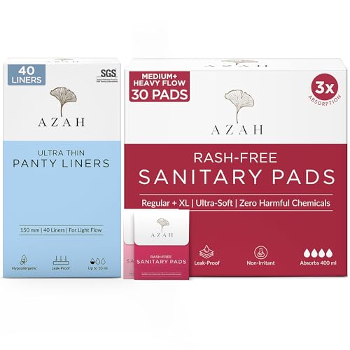 Azah Rash Free Sanitary Pads + Ultra Soft Panty Liners | Sanitary Combo Pack For Women | Pack Of 20 Regular + 10 Xl (With Disposable Bags) Organic Cotton Pads And 40 Liners | Made Safe Certified