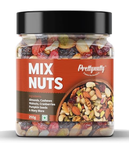 Prettynutty Healthy Nutmix 250G, Dried Almonds, Black Raisins, Cashewnuts, Cranberries, Green Raisins, Walnut Kernels & Many More.