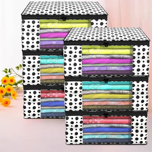 Kuber Industries Clothes Organizer For Wardrobe (Pack Of 6) – Storage Organizer For Saree | Shirts | Lehenga – Dress Organizer For Wardrobe – Saree Covers With Zip (Polka Dots) (Black And White)