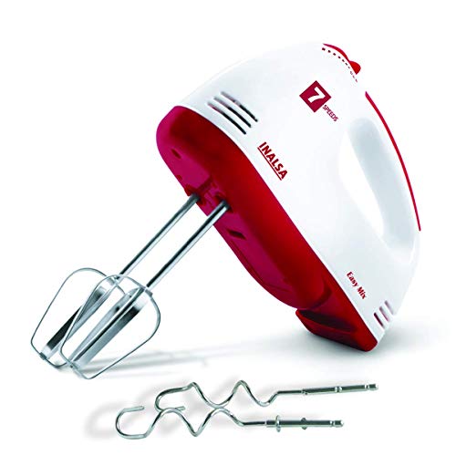 Inalsa Hand Blender For Kitchen|Hand Mixer Blender|2 Detachable Beaters & Whisker/Dough Hooks | Powerful 250 Watt Motor | Variable 7 Speed Control |Hand Blender (White/Red)-Easy Mix