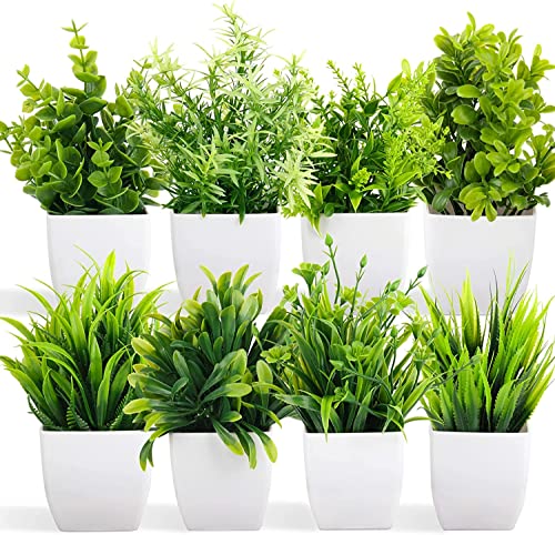 Dekorly Artificial Potted Plants, 8 Pack Artificial Plastic Eucalyptus Plants Small Indoor Potted Houseplants, Small Faux Plants For Home Decor Bathroom Office Farmhouse (Set 0F 8)