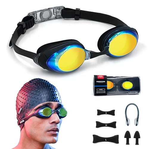 Slovic Black Swimming Goggles For Men & Women With Detachable Silicon Nose Bridge| Anti-Fog Glasses, Leak-Proof, Adjustable Straps With Ear Plugs & Nose Clip | Polarized | Uv-Protected Swimming Goggle