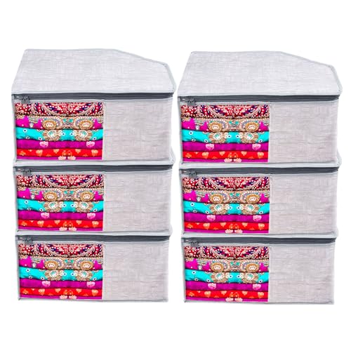 Kuber Industries Blouse Cover | Clothes Storage Bag | Zipper Closure Wardrobe Organizers | Clothes Organizer With Transparent Window | Clothes Bag | Jute Printed | Pack Of 6 | Gray