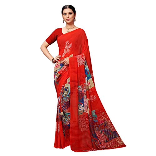 Vaamsi Women’S Poly Georgette Printed Saree (Pc1125, Red)