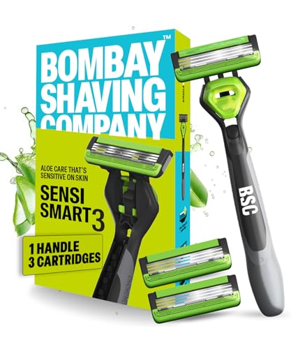 Bombay Shaving Company Sensi Smart 3 Value Pack (Handle + 3 Cartridges) | Shaving Razor For Men | Aloe Gel And Argan Oil Lubra Strip With Pivot Head