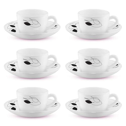 Larah By Borosil Shadow Opalware Cup And Saucer Set Of 12 Pcs | Tea/Coffee Cups 140 Ml | Microwave & Dishwasher Safe | Bone-Ash Free | Crockery Set Ideal For Daily Use & Gifting, White