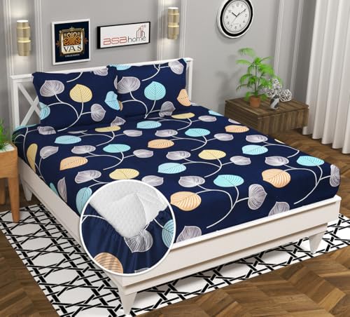 Homekart Premium Cotton 160Tc Elastic Fitted Bedsheets With 2 Pillow Covers | Double Bed With Corner Elastic Wrinkelfree Supersoft Floral Pattren Breathable |Size-72 X 68 + 6 Inches |Navy Blue