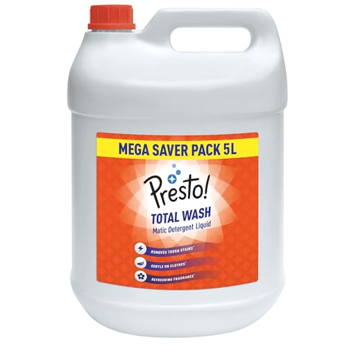 Amazon Brand – Presto! Total Wash Detergent Liquid Mega Saver Pack 5 Ltr | Gentle On Clothes | Refreshing Fragrance | Machine And Hand Wash